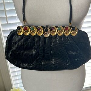 Judith Leiber vintage jeweled black Karung purse with tuckable strap